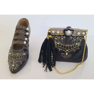 Vintage Miniature Nostalgia Decorative Handbag & Shoe Black & Gold, Knick Knack
